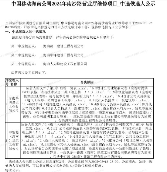 中国移动发布“中钜源（海南）建筑公司负面行为处理结果公告”，后者曾因“串通应答行为”被否决 第1张